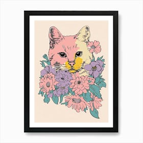 Cute American Shorthair Cat With Flowers Illustration 3 Art Print