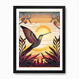 Hummingbird At Sunset William Morris Line Drawing Art Print