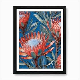 Proteas Painted On Blue Art Print Art Print