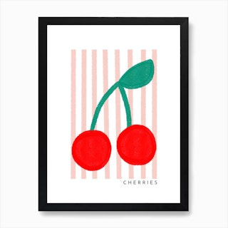 Cherries Pink Stripe Green & Red Art Print