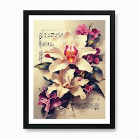 Brazil National Flower Orchid Flower On Music Sheet Art Print