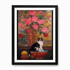 Peony With A Cat 1 Art Nouveau Klimt Style Art Print