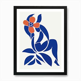 Blue Drawing Of A Woman With Red Flower Abstract Style Art Print