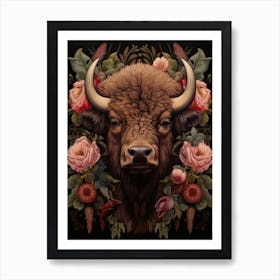 American Bison With Rustic Flowers 2 Art Print