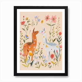 Folksy Floral Animal Drawing Llama 3 Art Print