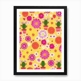 Cactus Flower Floral Print Retro Pattern 2 Flower Art Print