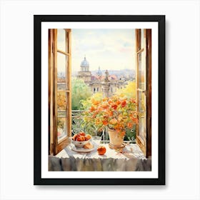 Window View Of Belgrade Serbia In Autumn Fall, Watercolour 1 Art Print