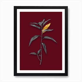 Vintage Dayflower Black and White Gold Leaf Floral Art on Burgundy Red n.1169 Art Print