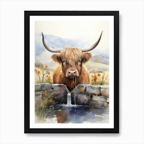 Highland Cow Drinking For Brickwork Trough 2 Art Print