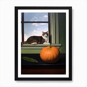 Painting Of A Still Life Of A Amaryllis With A Cat, Realism 1 Art Print