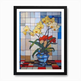 Orchids With A Cat 2 De Stijl Style Mondrian Art Print