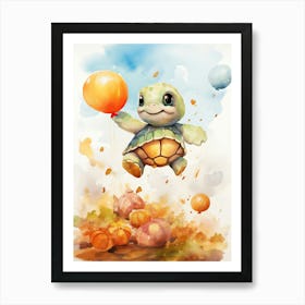 Turtle Flying With Autumn Fall Pumpkins And Balloons Watercolour Nursery 2 Art Print