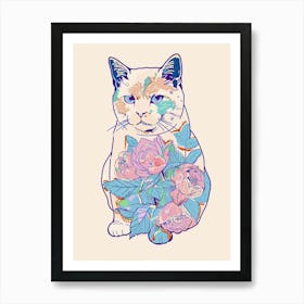 Cute American Shorthair Cat With Flowers Illustration 1 Art Print
