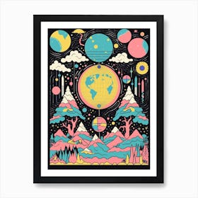 Colourful Planets And Trees Illustration Art Print