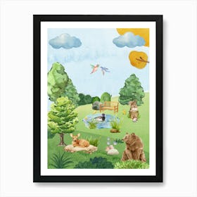 Watercolor Of Animals In The Park Art Print
