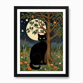 Black Cat In The Moonlight Style William Morris Art Print