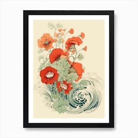 Great Wave With Nasturtium Flower Drawing In The Style Of Ukiyo E 1 Art Print