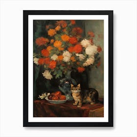 Flower Vase Chrysanthemums With A Cat 2 Impressionism, Cezanne Style Art Print