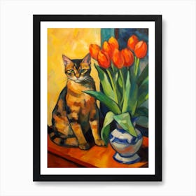 Flower Vase Tulips With A Cat 2 Impressionism, Cezanne Style Art Print