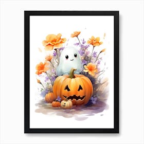 Cute Ghost With Pumpkins Halloween Watercolour 11 Art Print