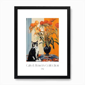 Cats & Flowers Collection Lily Flower Vase And A Cat, A Painting In The Style Of Matisse 1 Art Print