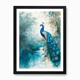Peacock On A Tree Branch Watercolour 1 Art Print