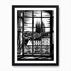A Window View Of Prague In The Style Of Black And White  Line Art 4 Art Print