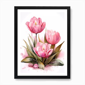 Pink Tulips Watercolor Painting Art Print