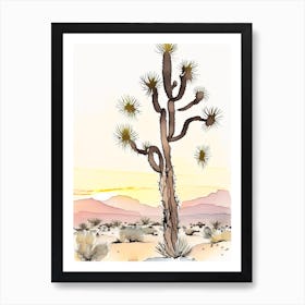 Joshua Tree At Dawn In Desert Minimilist Watercolour  Art Print