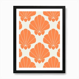 Bright Orange Scallop Shell Damask Grid on Cream White Poster