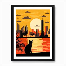 Doha, Qatar Skyline With A Cat 2 Art Print