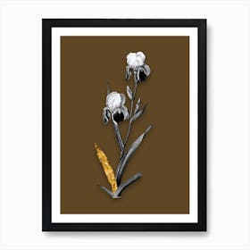Vintage Elder Scented Iris Black and White Gold Leaf Floral Art on Coffee Brown n.0330 Art Print