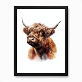 Cute Highland Cow Watercolor Painting Portrait Art Print