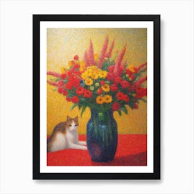 Snapdragons With A Cat 1 Pointillism Style Art Print