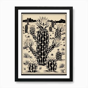 B&W Cactus Illustration Cylindropuntia Kleiniae 3 Art Print