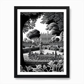 Versailles Gardens, France Linocut Black And White Vintage Art Print