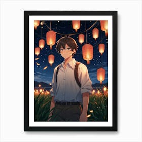 Anime Boy Standing In Field With Lanterns Art Print