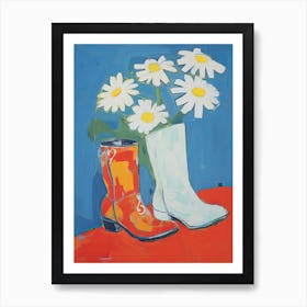 A Painting Of Cowboy Boots With Daisies Flowers, Pop Art Style 8 Art Print