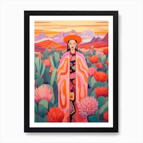 Woman In The Desert With Cactus Art Print