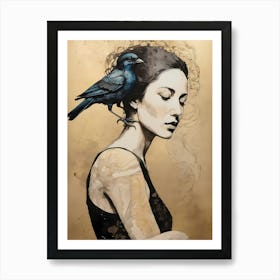 Woman Portrait With A Bird Painting (11) Art Print