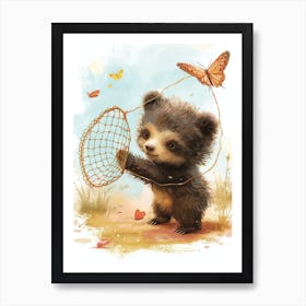 Sloth Bear Cub Playing With A Butterfly Net Storybook Illustration 3 Art Print