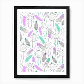 Western Green, Purple, Black, and White Dreamcatchers and Feathers Art Print