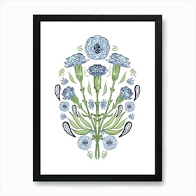 Blue Carnations Bouquet Indian Mughal Style Art Print