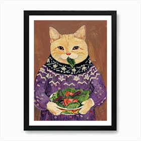 Cute Tan Cat Eating A Salad Folk Illustration 1 Art Print