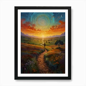 A vibrant, surreal landscape featuring a winding path through lush, colorful fields, with a figure walking towards a radiant sunset. The sky is filled with swirling patterns of blue and orange hues, casting a dreamlike atmosphere. Art Print