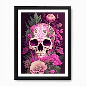 Skull With Mandala Patterns 3 Pink Botanical Art Print