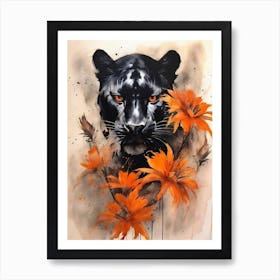 Panther Abstract Orange Flowers Painting (25) Art Print