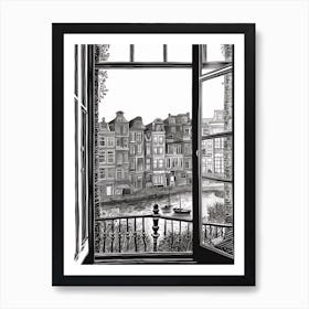 A Window View Of Amsterdam In The Style Of Black And White  Line Art 2 Art Print