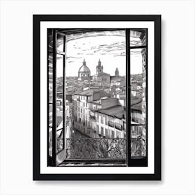 A Window View Of Barcelona In The Style Of Black And White  Line Art 1 Art Print