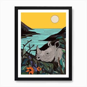 Simple Rhino Illustration By The River 1 Art Print
